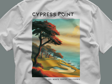 Cypress Point Golf T-Shirt | Monterey Peninsula Legend Tee — close-up of the left-chest pocket print
