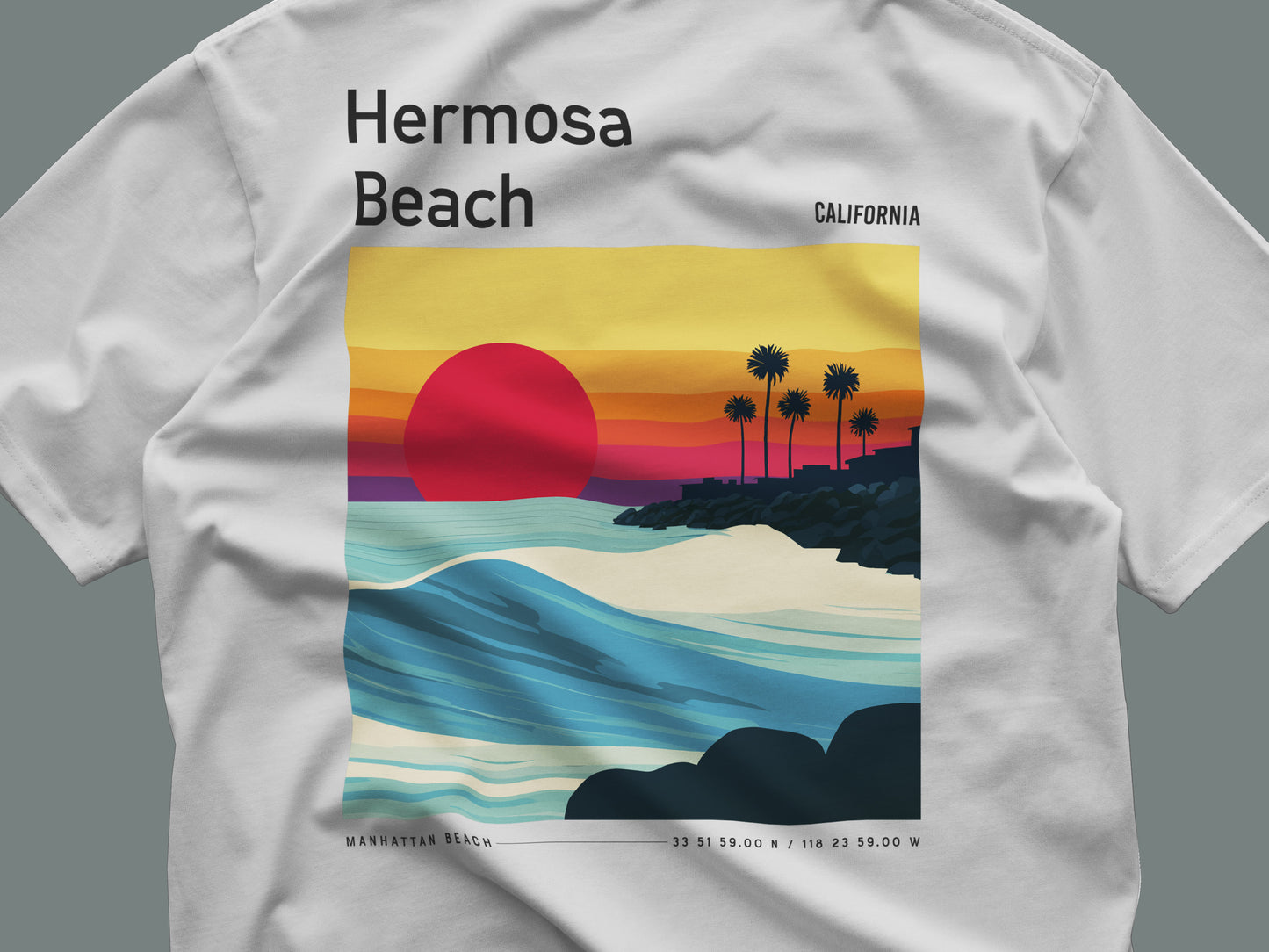 Hermosa Beach Surf T-Shirt | Sun, Sand & South Bay Swells — close-up of the left-chest pocket print