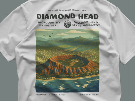 Diamond Head Hiking T-Shirt | Hiker Gift | Summit Trail Tee — close-up of the left-chest pocket print