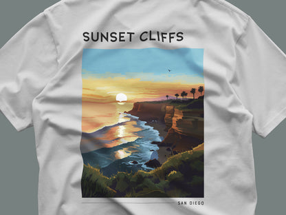 Sunset Cliffs Travel T-Shirt | San Diego Coastal Art Tee — close-up of the left-chest pocket print