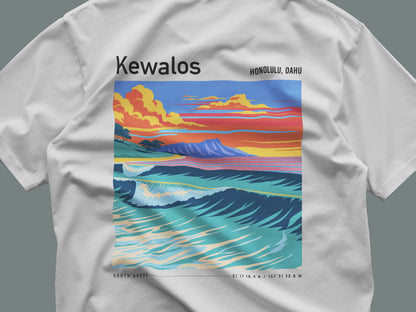 Kewalos Surf T-Shirt | Honolulu Break Wave Art Tee — close-up of the left-chest pocket print