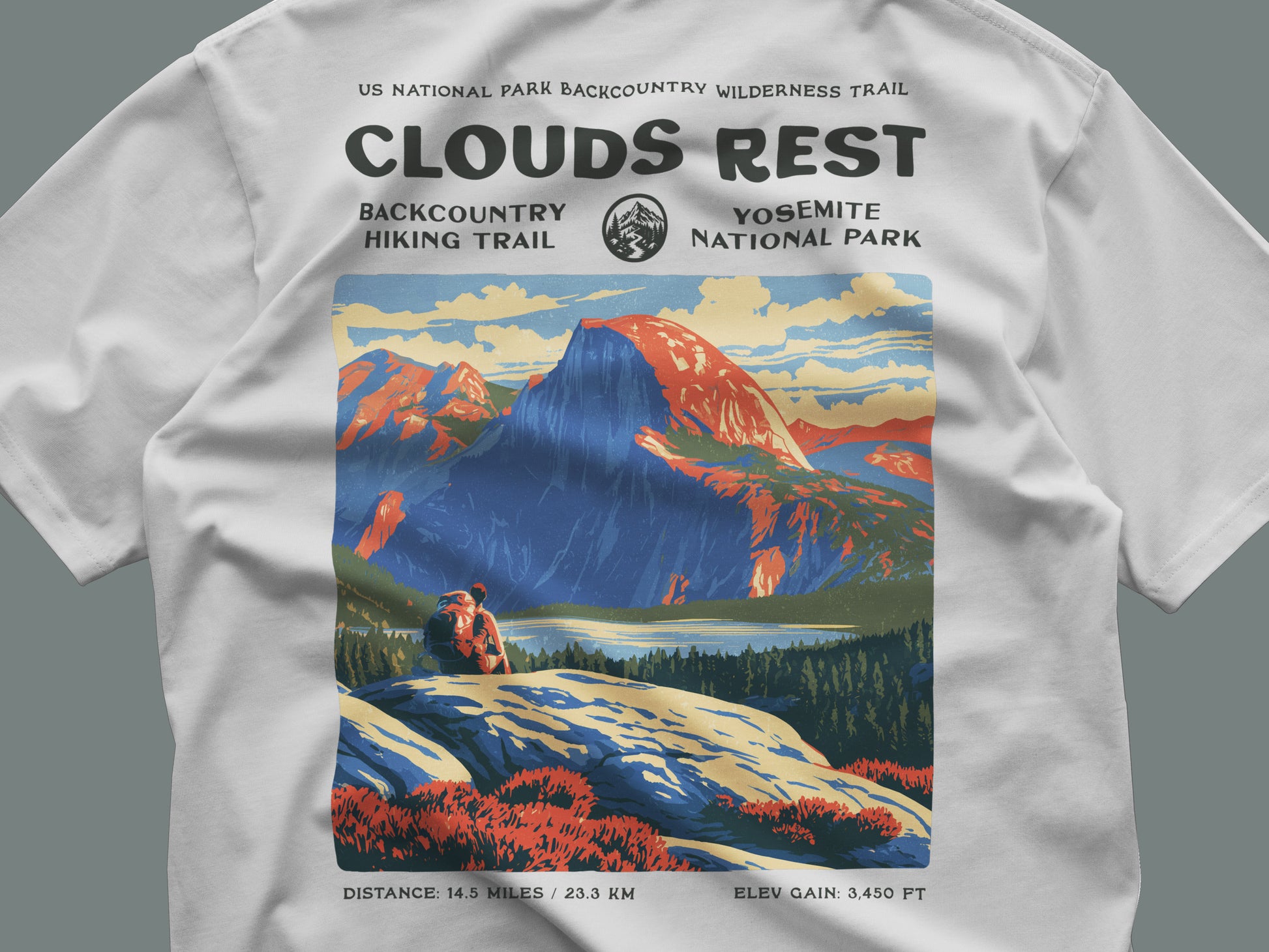 Clouds Rest Hiking T-Shirt | Hiker Gift | Above Yosemite Valley Tee — close-up of the left-chest pocket print
