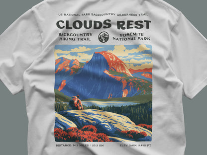 Clouds Rest Hiking T-Shirt | Hiker Gift | Above Yosemite Valley Tee — close-up of the left-chest pocket print