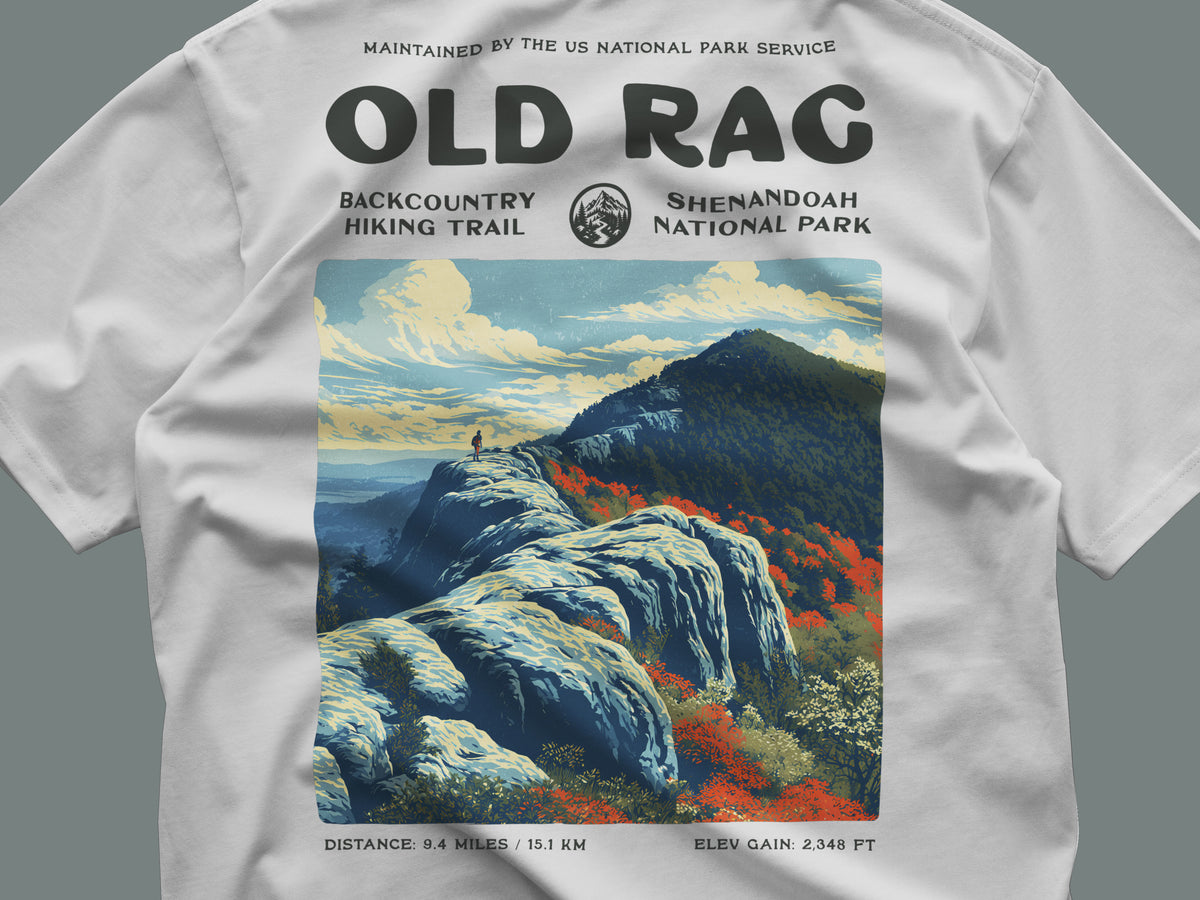 Old Rag Hiking T-Shirt | Hiker Gift | Shenandoah Trail Tee — close-up of the left-chest pocket print