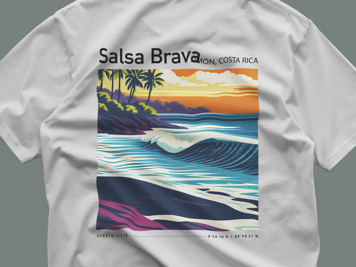 Salsa Brava Surf T-Shirt | Raw Power, Pure Costa Rica — close-up of the left-chest pocket print