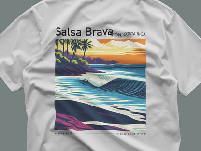 Salsa Brava Surf T-Shirt | Raw Power, Pure Costa Rica — close-up of the left-chest pocket print