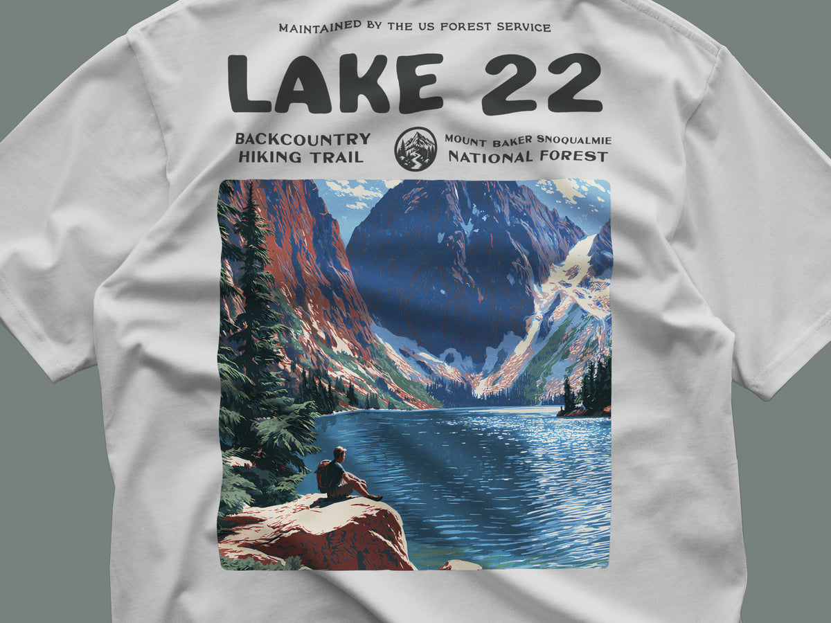 Lake 22 Hiking T-Shirt | Hiker Gift | Alpine Trail Wilderness Tee — close-up of the left-chest pocket print