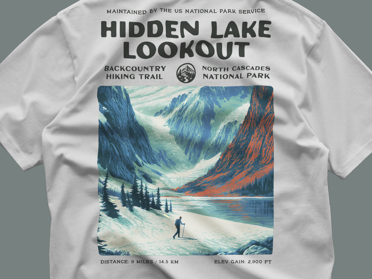 Hidden Lake Lookout Hiking T-Shirt | Hiker Gift | North Cascades Trail Tee — close-up of the left-chest pocket print