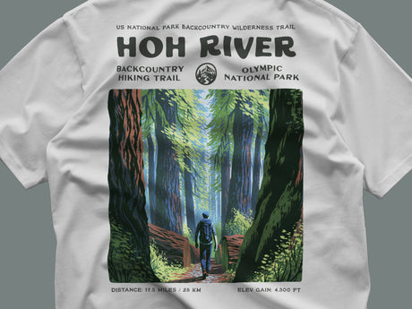 Hoh River Hiking T-Shirt | Olympic Rainforest Trail Art Tee — close-up of the left-chest pocket print