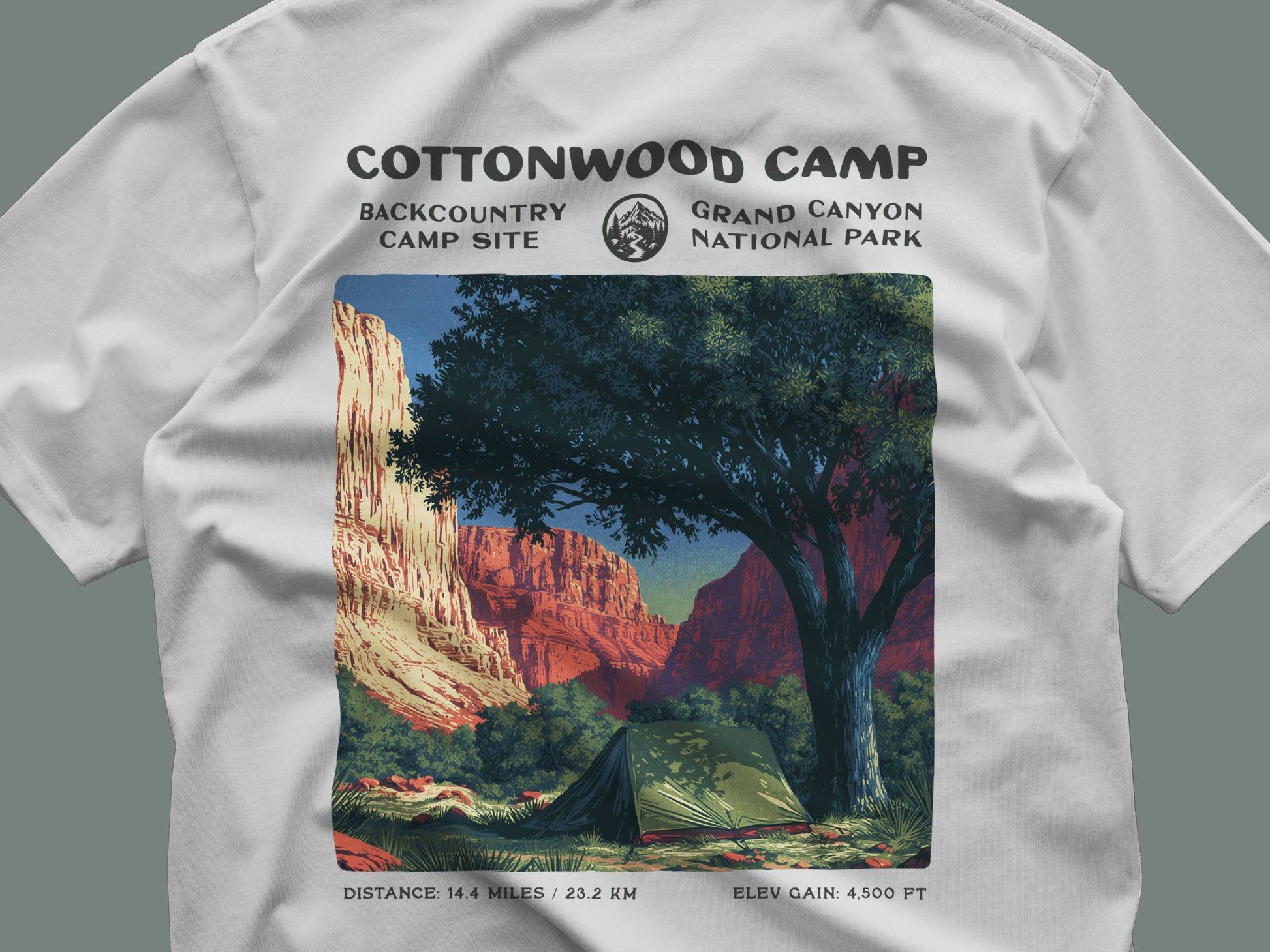 Cottonwood Camp Hiking T-Shirt | Camper Gift | Grand Canyon Backcountry Tee — close-up of the left-chest pocket print