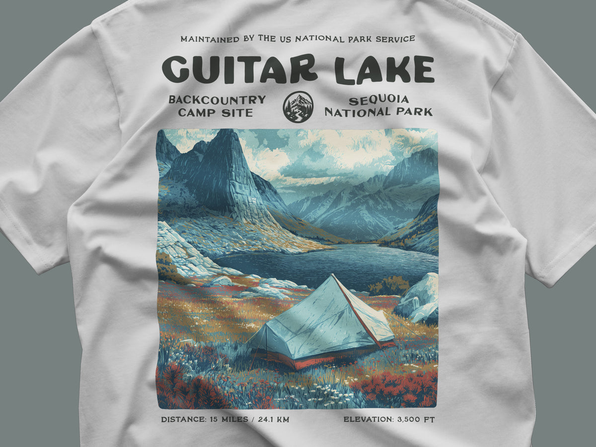 Guitar Lake Hiking T-Shirt | Backpacker Gift | High Sierra Wilderness Tee — close-up of the left-chest pocket print