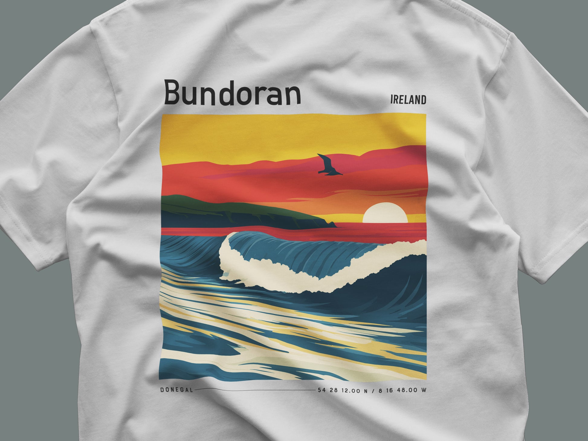 Bundoran Surf T-Shirt | Wild Atlantic Wave Art Tee — close-up of the left-chest pocket print