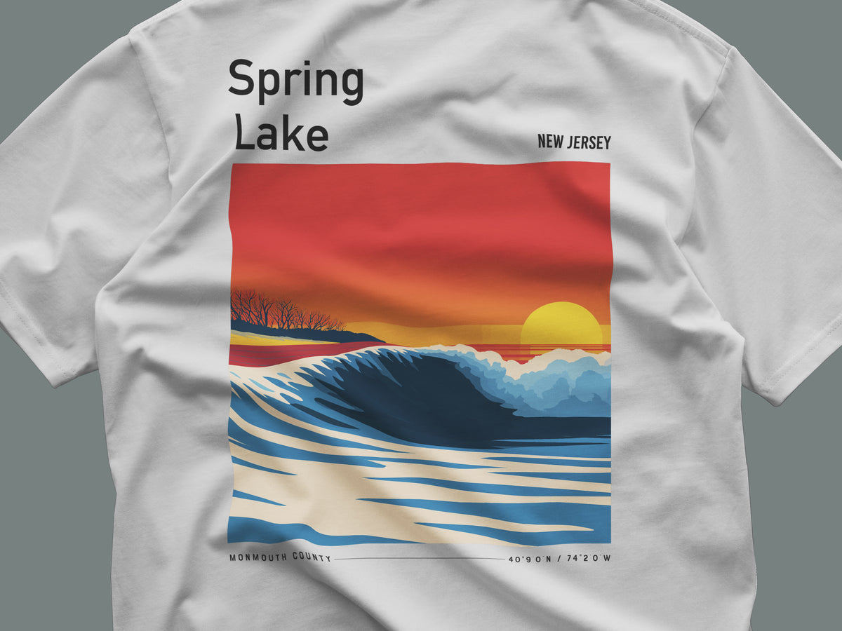 Spring Lake Surf T-Shirt | Jersey Shore Wave Art Tee — close-up of the left-chest pocket print