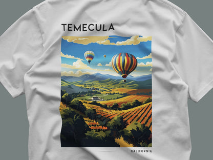 Temecula Travel T-Shirt | Wine Country California Adventure Tee — close-up of the left-chest pocket print