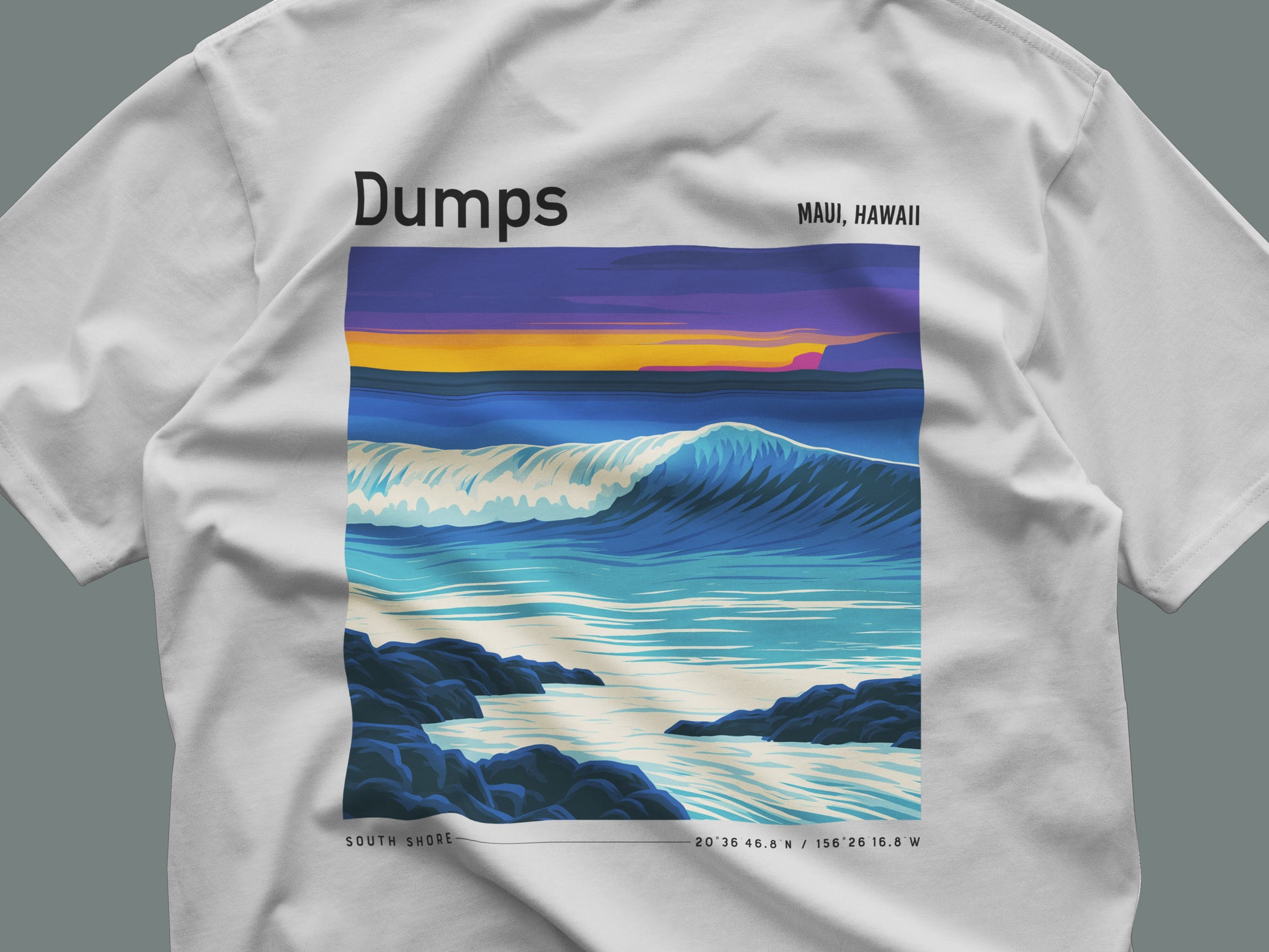 Dumps Surf T-Shirt | Raw Hawaiian Wave Art Tee — close-up of the left-chest pocket print