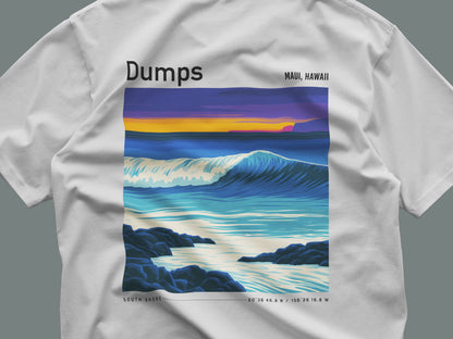 Dumps Surf T-Shirt | Raw Hawaiian Wave Art Tee — close-up of the left-chest pocket print
