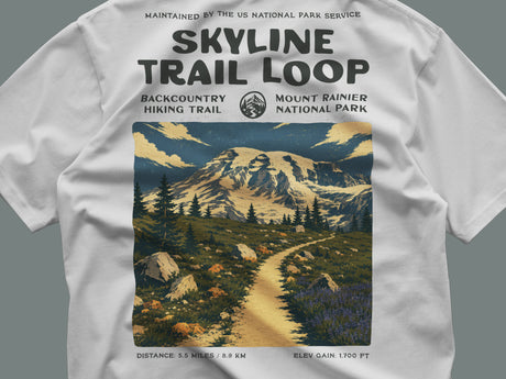 Skyline Trail Loop Hiking T-Shirt | Hiker Gift | Rainier Summit Trail Tee — close-up of the left-chest pocket print