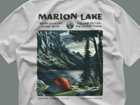 Marion Lake Hiking T-Shirt | Hiker Gift | Teton Backcountry Trail Tee — close-up of the left-chest pocket print