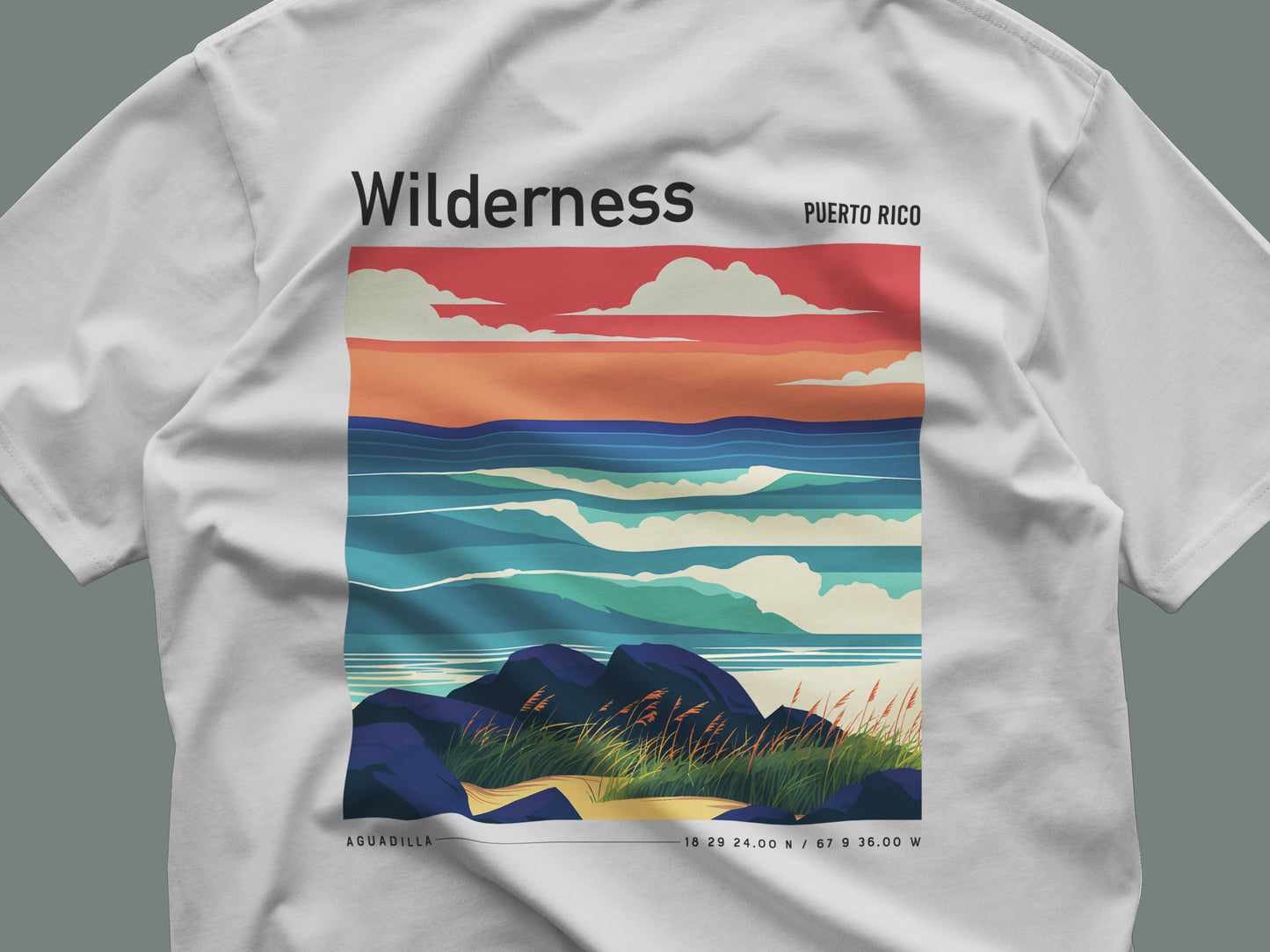 Wilderness Surf T-Shirt | Puerto Rico Wave Art Tee — close-up of the left-chest pocket print