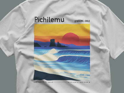 Pichilemu Surf T-Shirt | Chilean Wave Art Tee — close-up of the left-chest pocket print