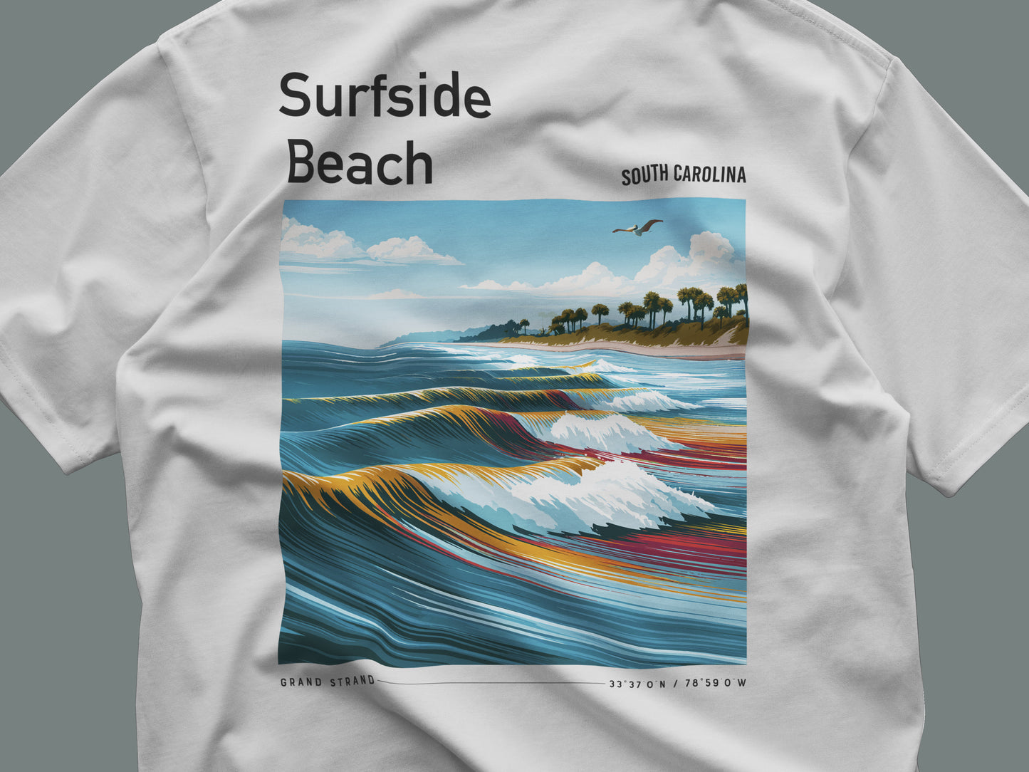 Surfside Beach Surf T-Shirt | South Carolina Shore Wave Tee — close-up of the left-chest pocket print