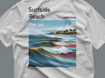 Surfside Beach Surf T-Shirt | South Carolina Shore Wave Tee — close-up of the left-chest pocket print
