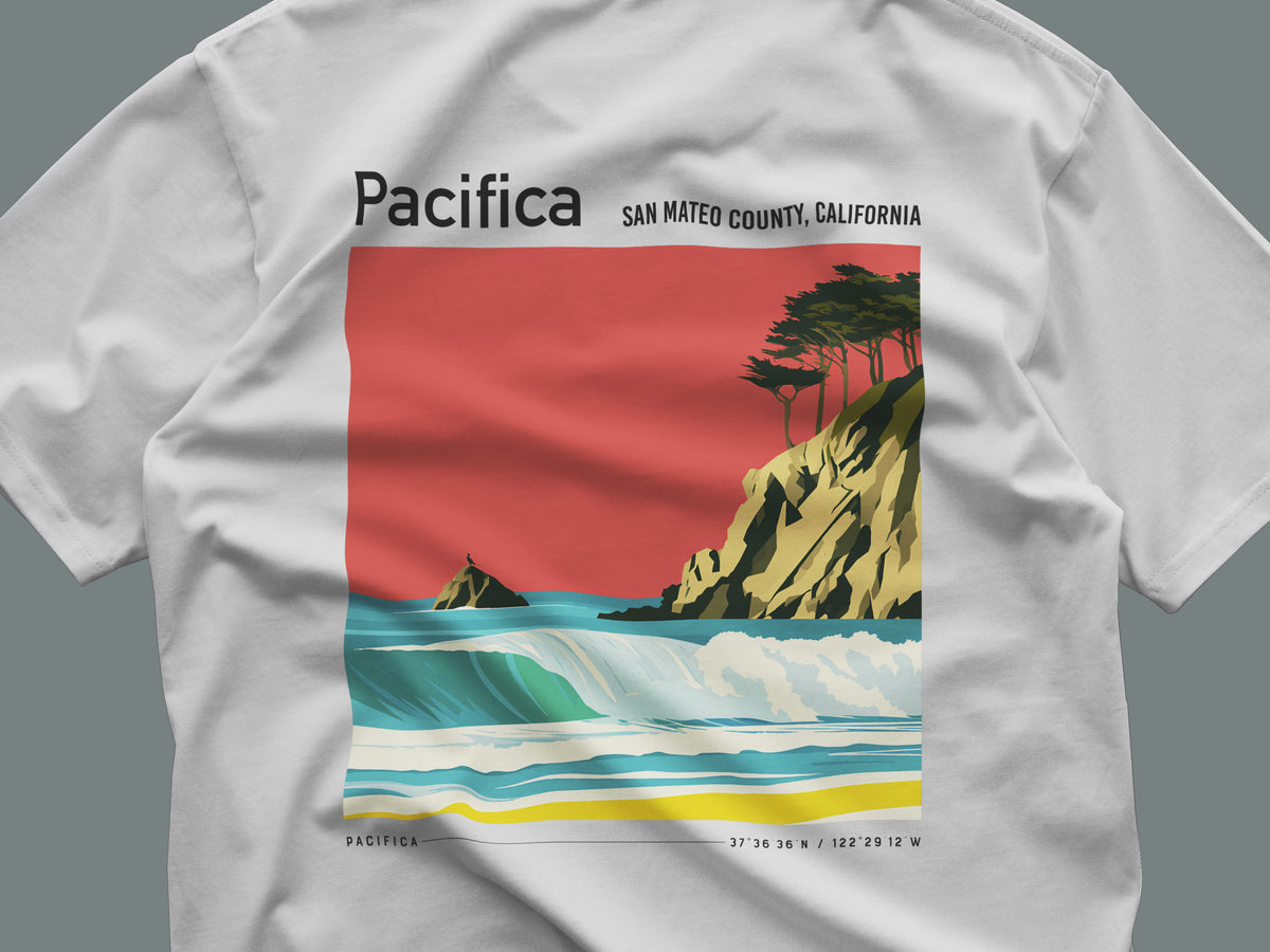 Pacifica Surf T-Shirt | Foggy Coast Wave Art Tee — close-up of the left-chest pocket print