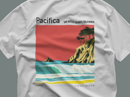Pacifica Surf T-Shirt | Foggy Coast Wave Art Tee — close-up of the left-chest pocket print