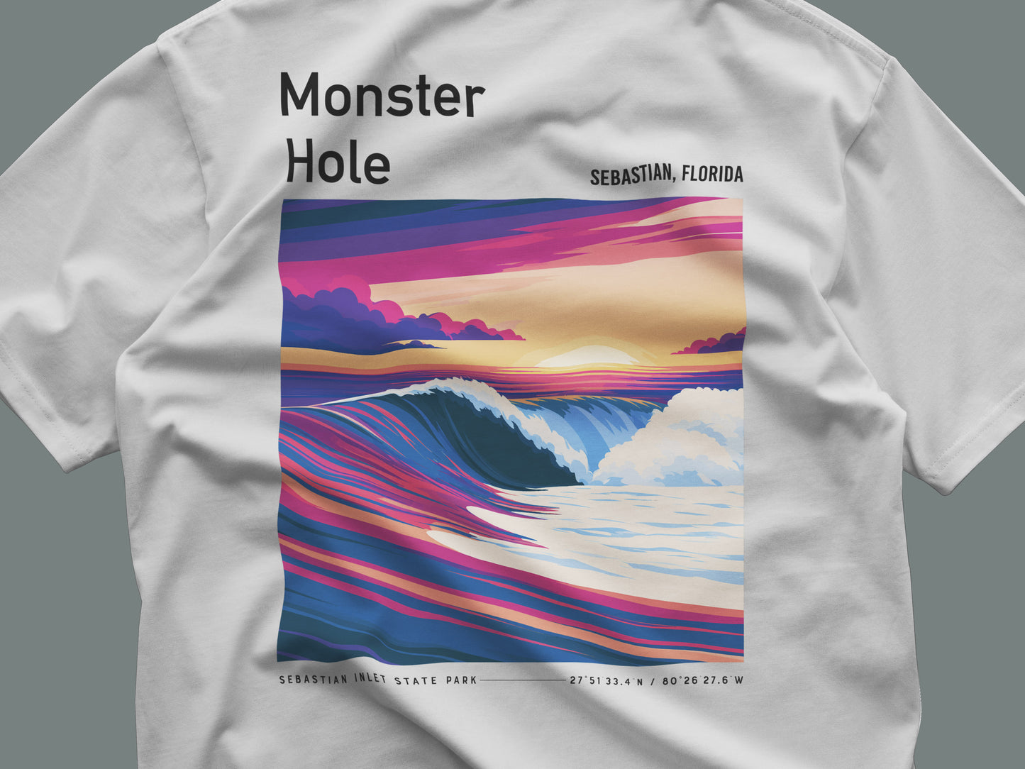 Monster Hole Surf T-Shirt | Florida's Hidden Swell Art — close-up of the left-chest pocket print