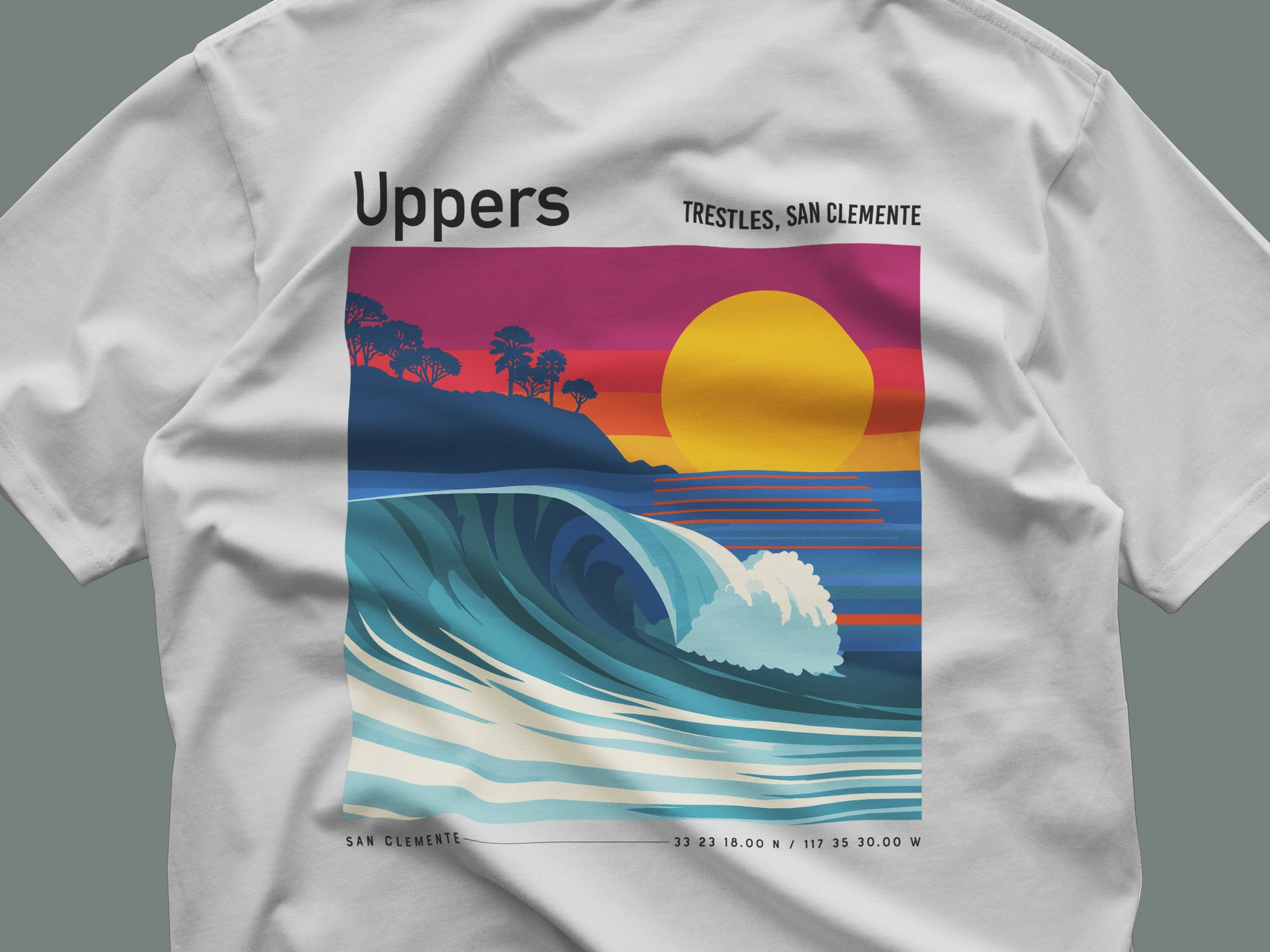 Uppers, Trestles Surf T-Shirt | Southern California Wave Art Tee — close-up of the left-chest pocket print