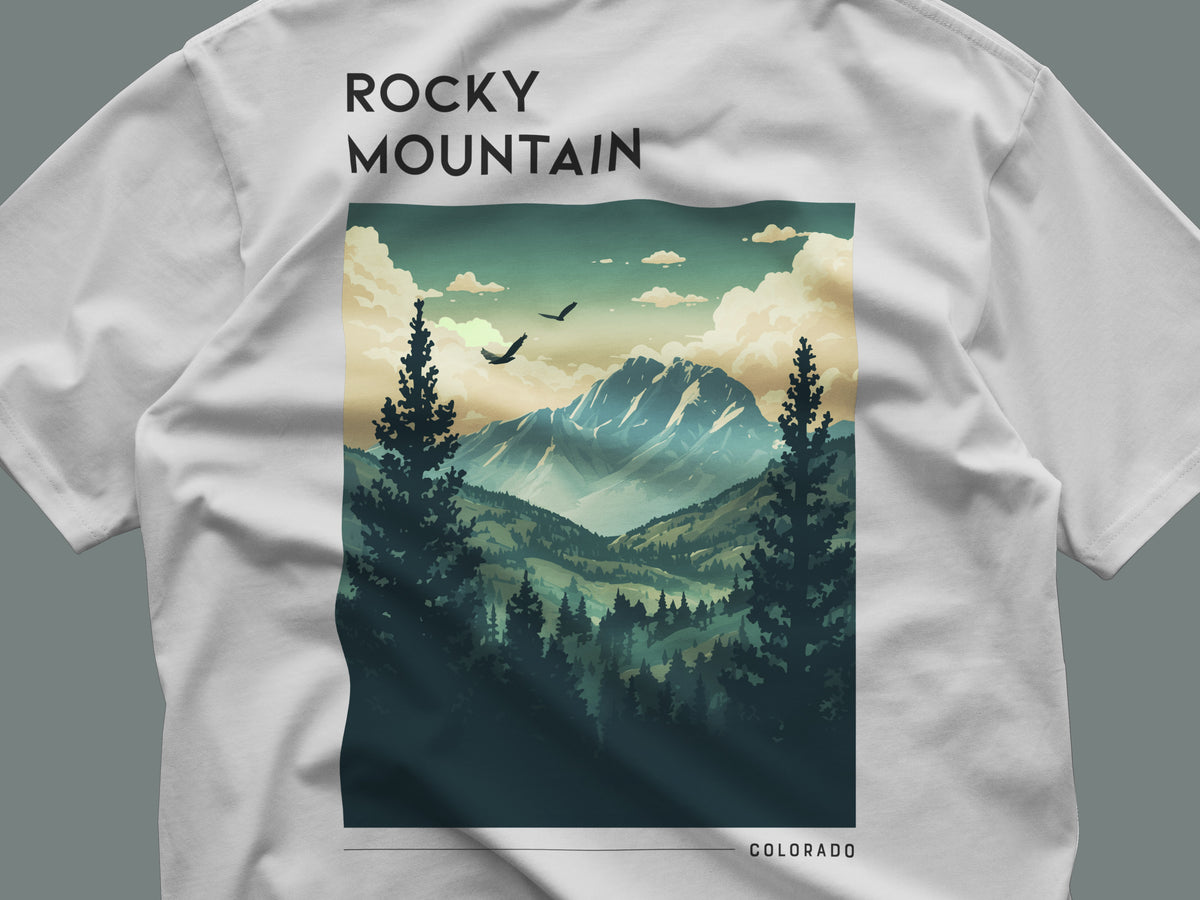 Rocky Mountain National Park Travel T-Shirt | Colorado Alpine Adventure Art Tee — close-up of the left-chest pocket print