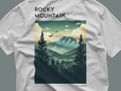Rocky Mountain National Park Travel T-Shirt | Colorado Alpine Adventure Art Tee — close-up of the left-chest pocket print