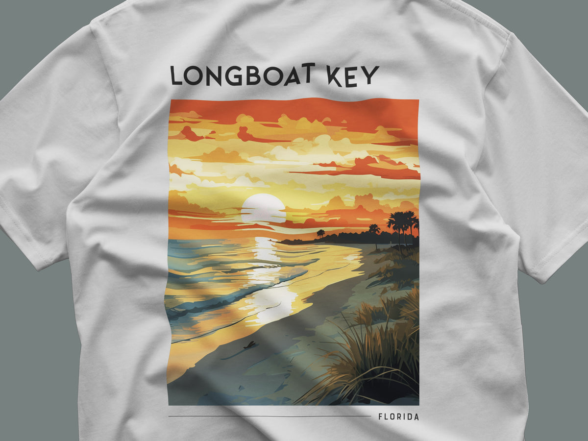Longboat Key Travel T-Shirt | Gulf Coast Paradise Art Tee — close-up of the left-chest pocket print