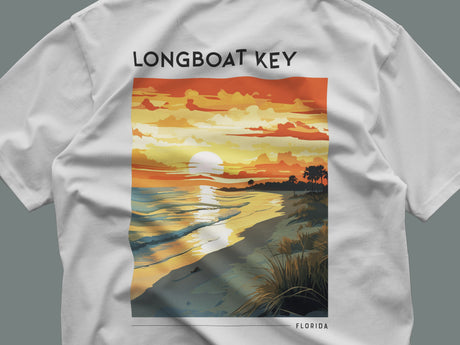 Longboat Key Travel T-Shirt | Gulf Coast Paradise Art Tee — close-up of the left-chest pocket print