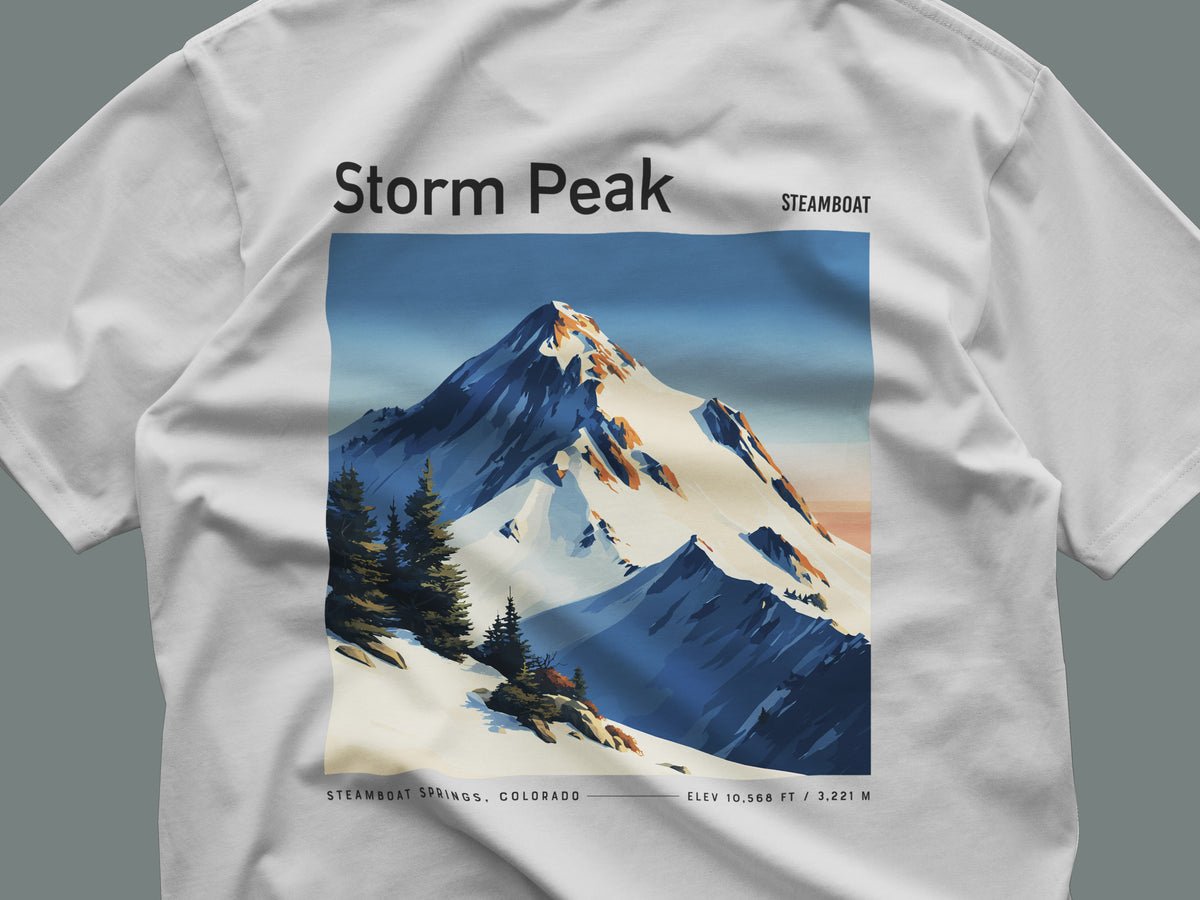 Storm Peak Steamboat Ski T-Shirt | Colorado Mountain Art Tee — close-up of the left-chest pocket print