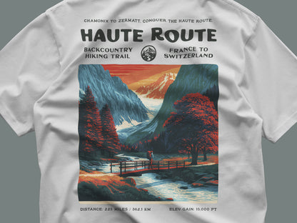 Walker's Haute Route Hiking T-Shirt | Hiker Gift | Alpine Epic Trail Tee — close-up of the left-chest pocket print