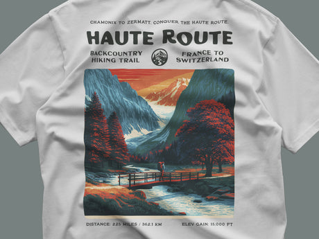 Walker's Haute Route Hiking T-Shirt | Hiker Gift | Alpine Epic Trail Tee — close-up of the left-chest pocket print