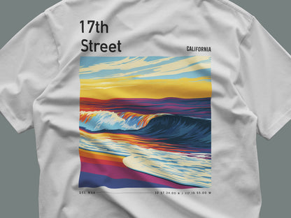 17th Street Surf T-Shirt | Coastal Wave Art Tee — close-up of the left-chest pocket print