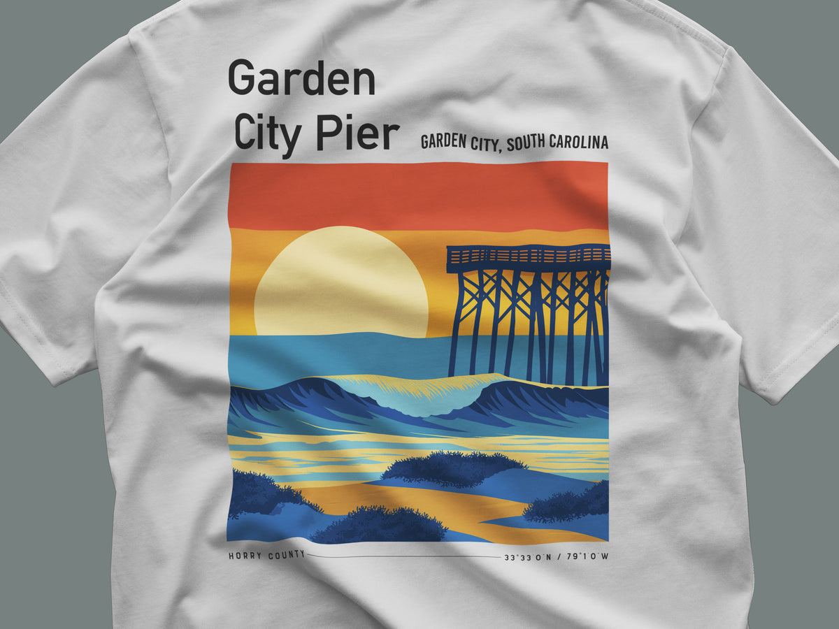 Garden City Pier Surf T-Shirt | Low Country Wave Art Tee — close-up of the left-chest pocket print
