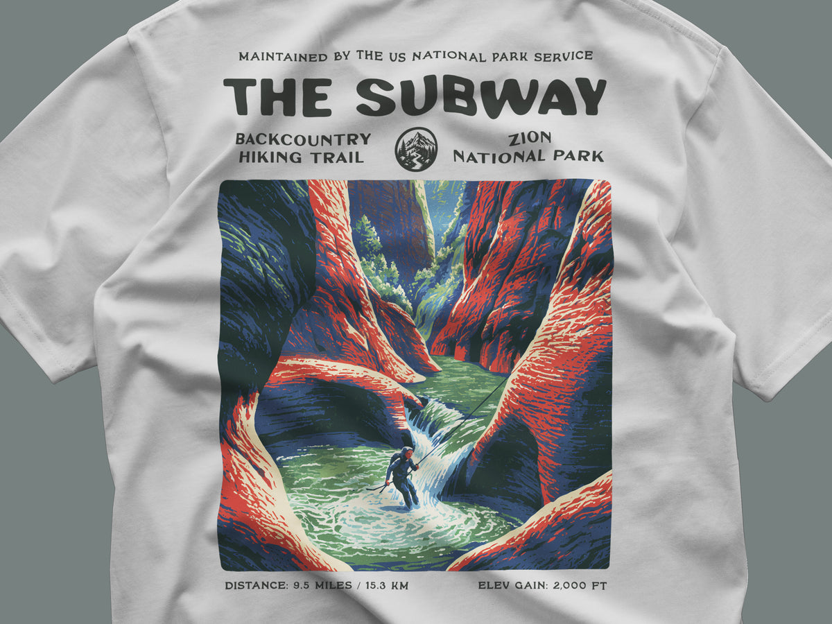 The Subway Hiking T-Shirt | Hiker Gift | Zion Canyon Trail Tee — close-up of the left-chest pocket print
