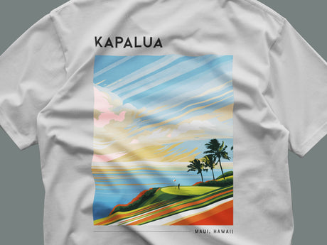 Kapalua Plantation Course Golf T-Shirt | Maui Fairways in Paradise — close-up of the left-chest pocket print