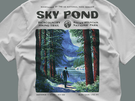 Sky Pond Hiking T-Shirt | Hiker Gift | Rocky Mountain Trail Tee — close-up of the left-chest pocket print