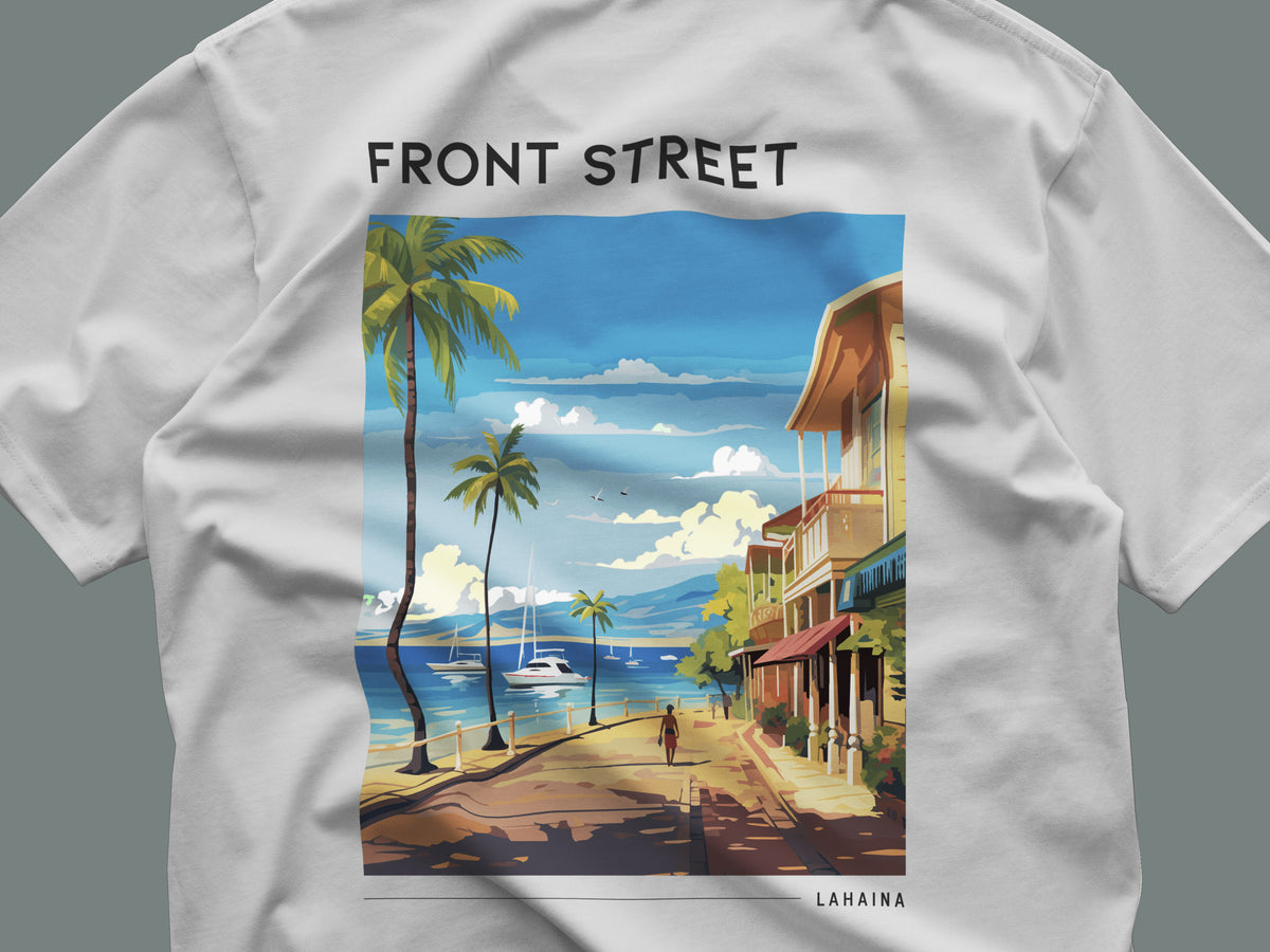 Front Street, Lahaina Travel T-Shirt | Old Maui Town Art Tee — close-up of the left-chest pocket print