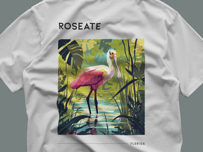 Florida Roseate Spoonbill Travel T-Shirt | Pink Wings, Wild Places — close-up of the left-chest pocket print