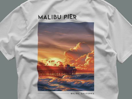 Malibu Pier Travel T-Shirt | Sun-Soaked California Coast Tee — close-up of the left-chest pocket print