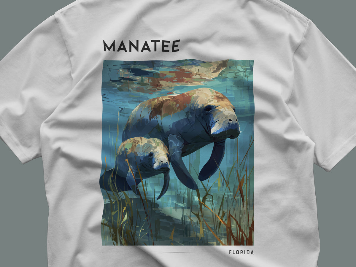 Manatee, Florida Travel T-Shirt | Gentle Waters, Wild Spirit — close-up of the left-chest pocket print