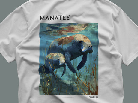 Manatee, Florida Travel T-Shirt | Gentle Waters, Wild Spirit — close-up of the left-chest pocket print