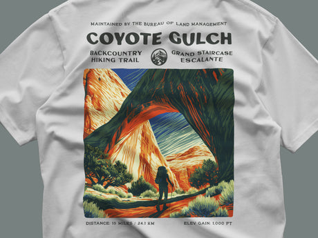 Coyote Gulch Hiking T-Shirt | Hiker Gift | Canyon Backcountry Trail Tee — close-up of the left-chest pocket print