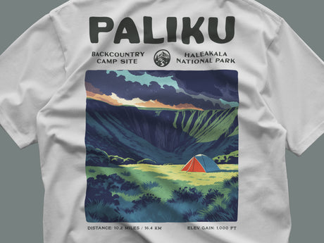Paliku Hiking T-Shirt | Hiker Gift | Haleakala Backcountry Tee — close-up of the left-chest pocket print