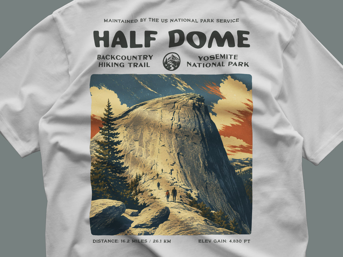 Half Dome Hiking T-Shirt | Hiker Gift | Yosemite Trail Tee — close-up of the left-chest pocket print